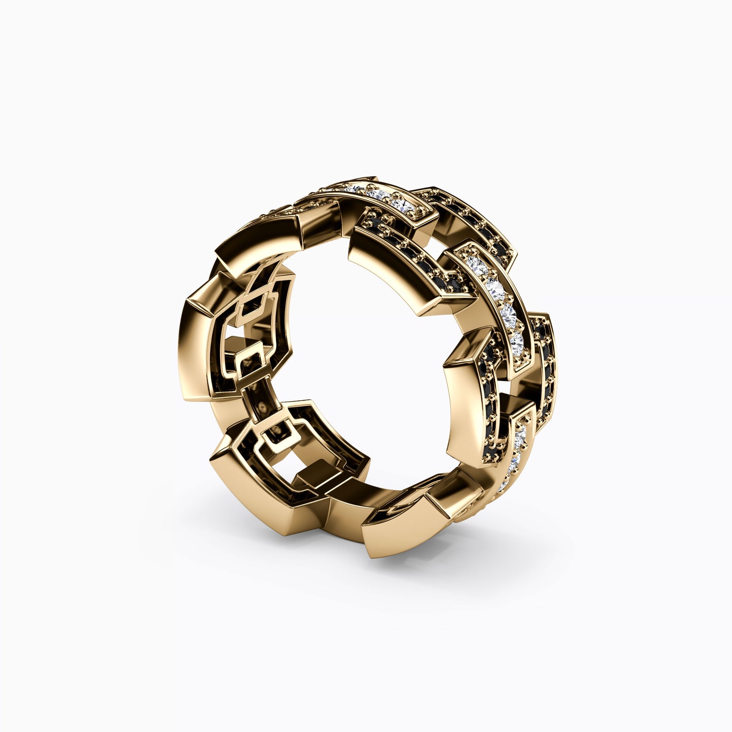 Linked Black & White Diamond Ring in 14K Gold