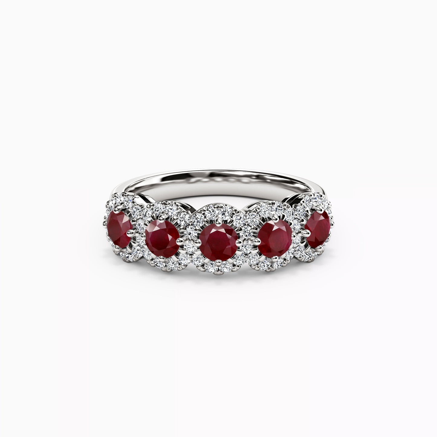 Five Stone Ruby & Diamond Halo Ring in 14K Gold