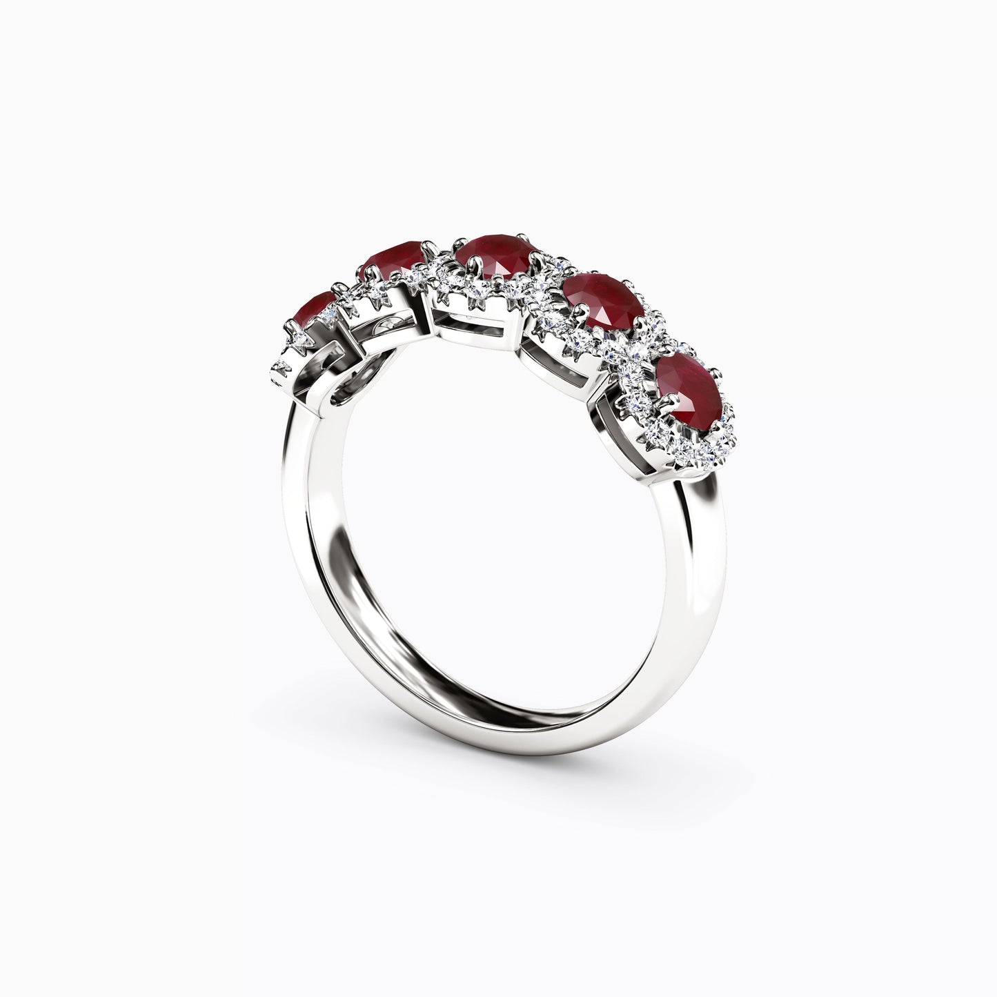 Five Stone Ruby & Diamond Halo Ring in 14K Gold