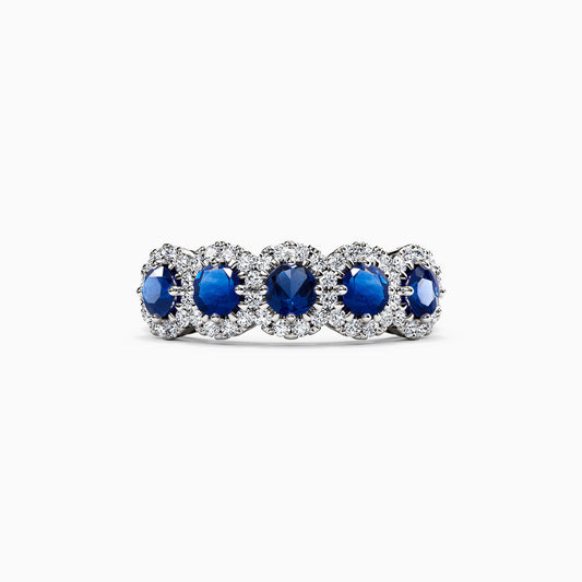 Five Stone Sapphire & Diamond Halo Ring in 14K Gold