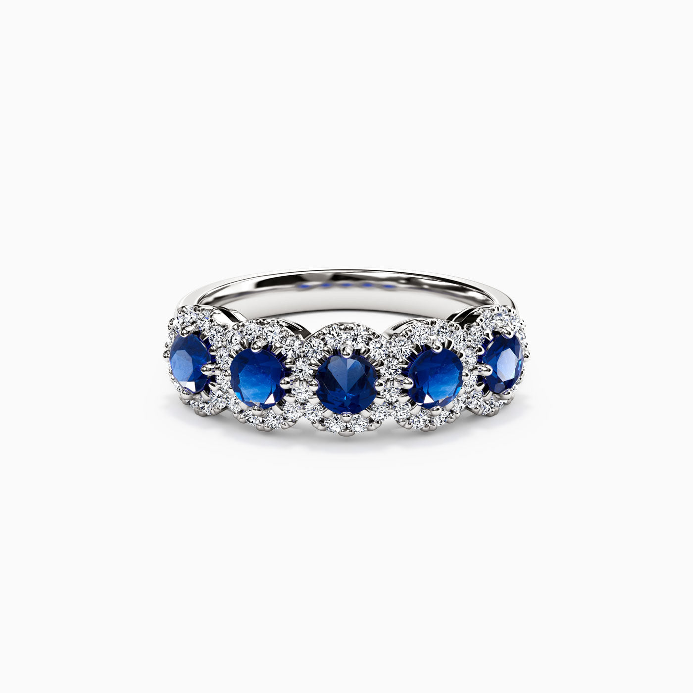 Five Stone Sapphire & Diamond Halo Ring in 14K Gold